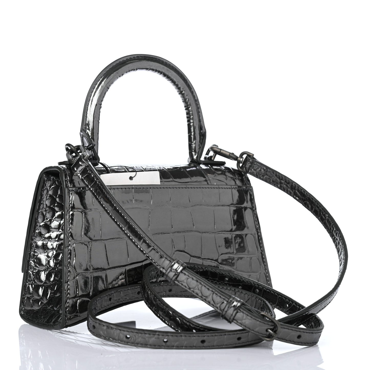 Shiny Calfskin Crocodile Embossed Hourglass Top Handle Bag XS Gunmetal