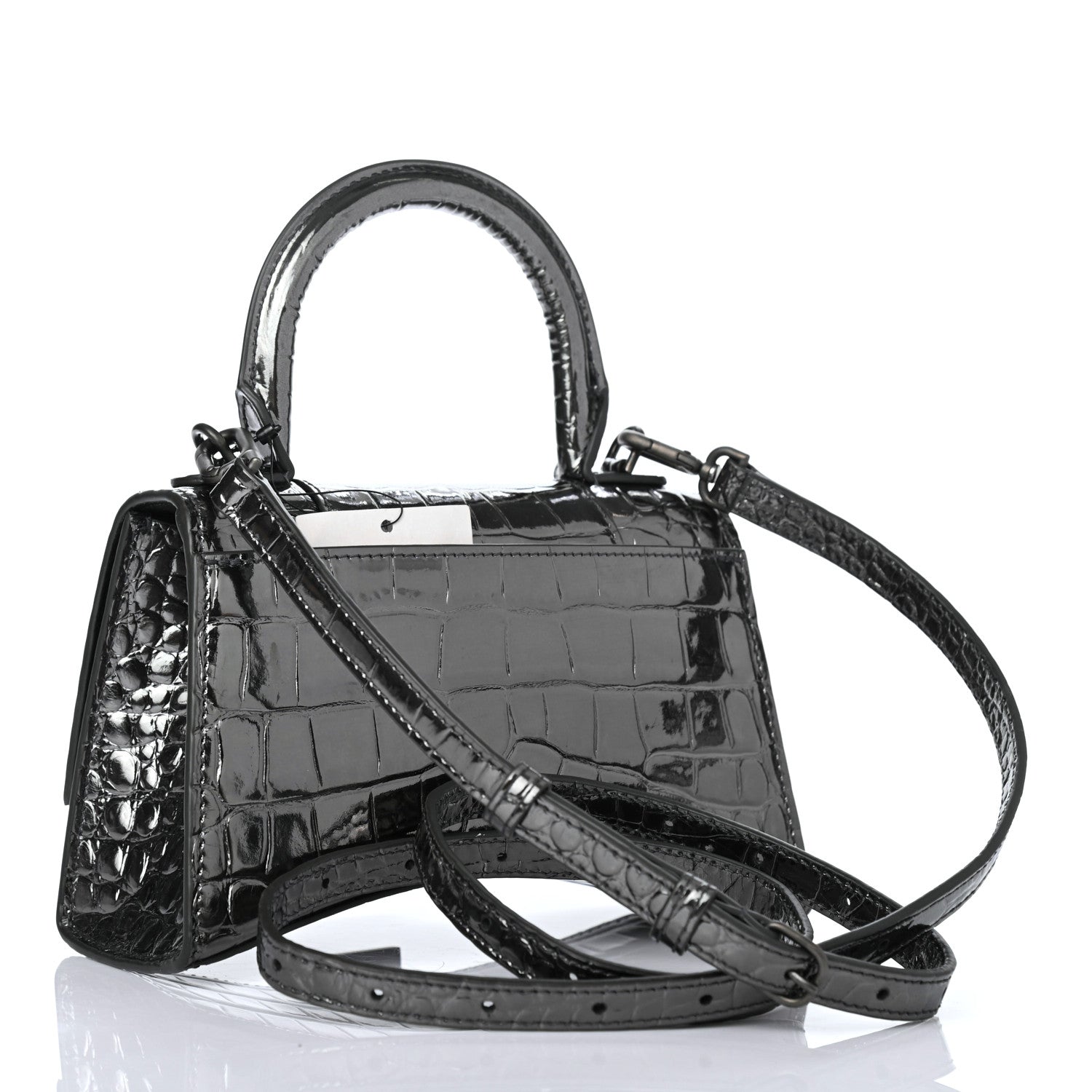 Balenciaga Shiny Calfskin Crocodile Embossed Hourglass Top Handle Bag XS Gunmetal 2 of 4