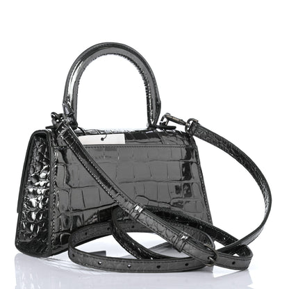 Balenciaga Shiny Calfskin Crocodile Embossed Hourglass Top Handle Bag XS Gunmetal 2 of 4