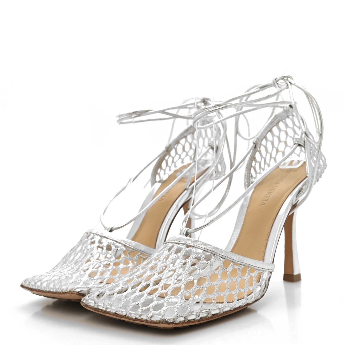 Mesh Metallic Nappa Stretch Ankle Tie Sandals 37.5 Silver