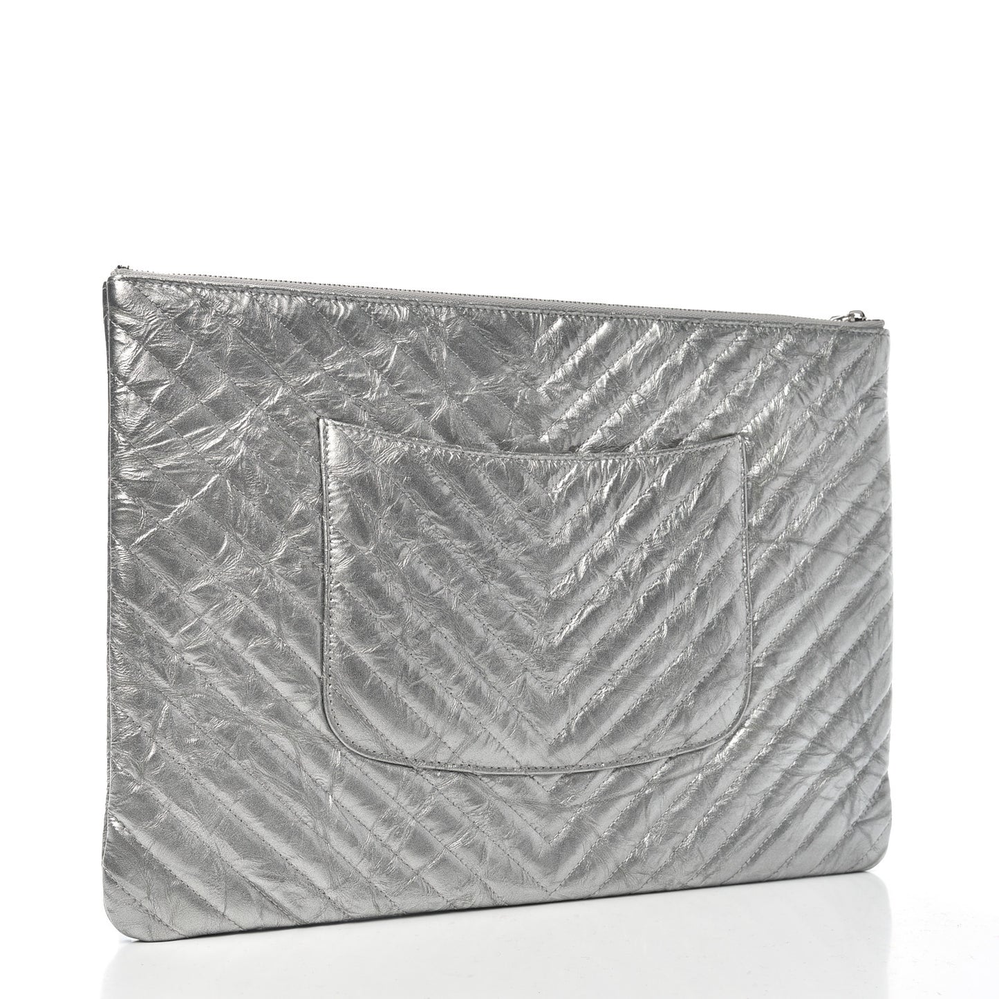 Metallic Crumpled Calfskin Chevron Quilted Medium Cosmetic Case Silver