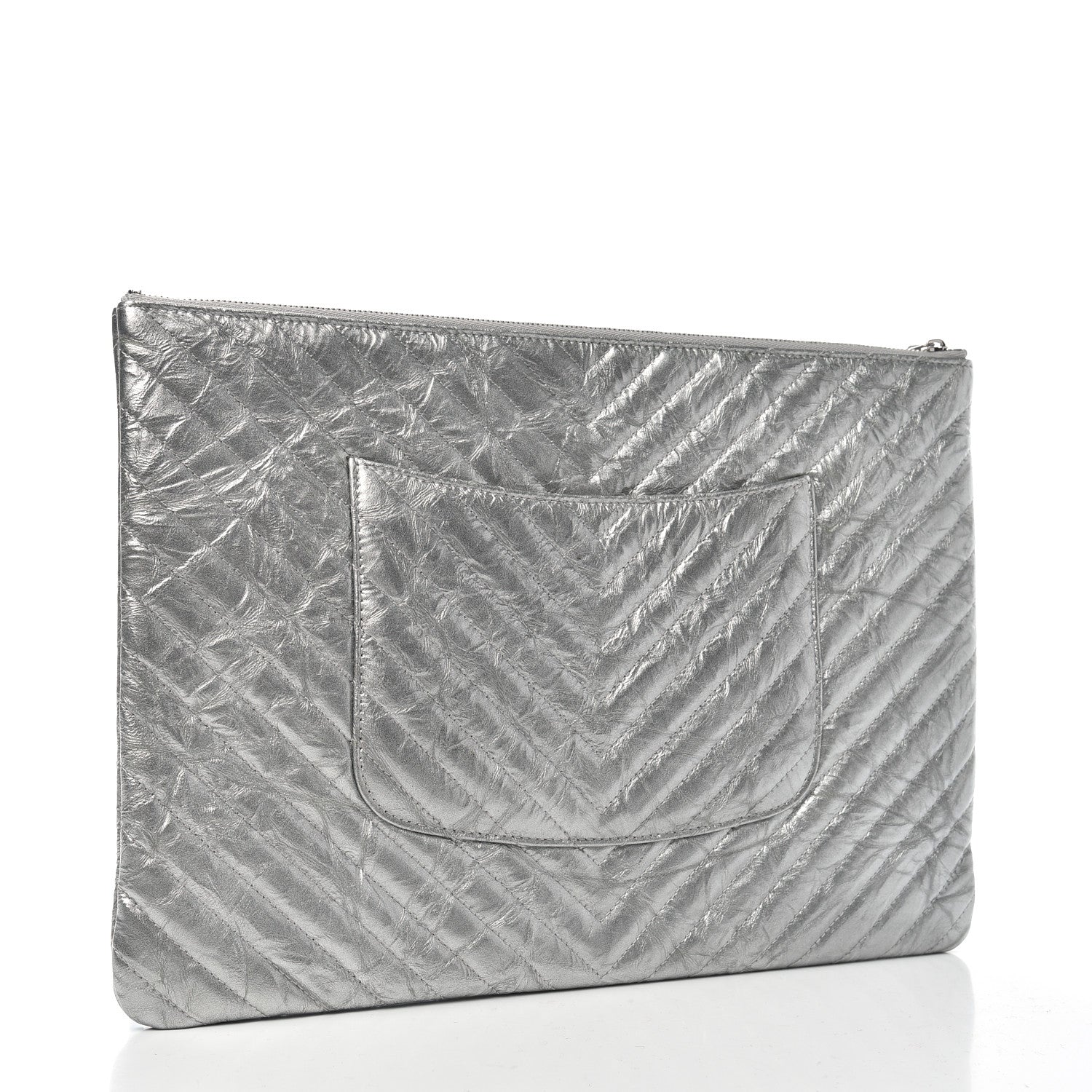 Chanel Metallic Crumpled Calfskin Chevron Quilted Medium Cosmetic Case Silver 3 of 7