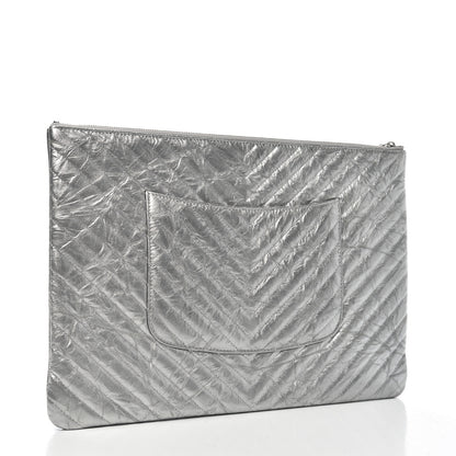 Chanel Metallic Crumpled Calfskin Chevron Quilted Medium Cosmetic Case Silver 3 of 7