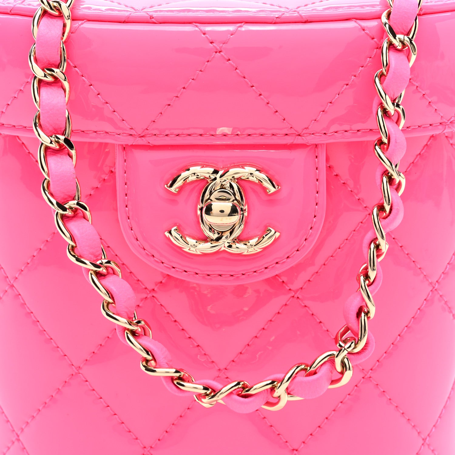 Chanel Patent Quilted CC Vani-Tea Case With Chain Neon Pink 8 of 10