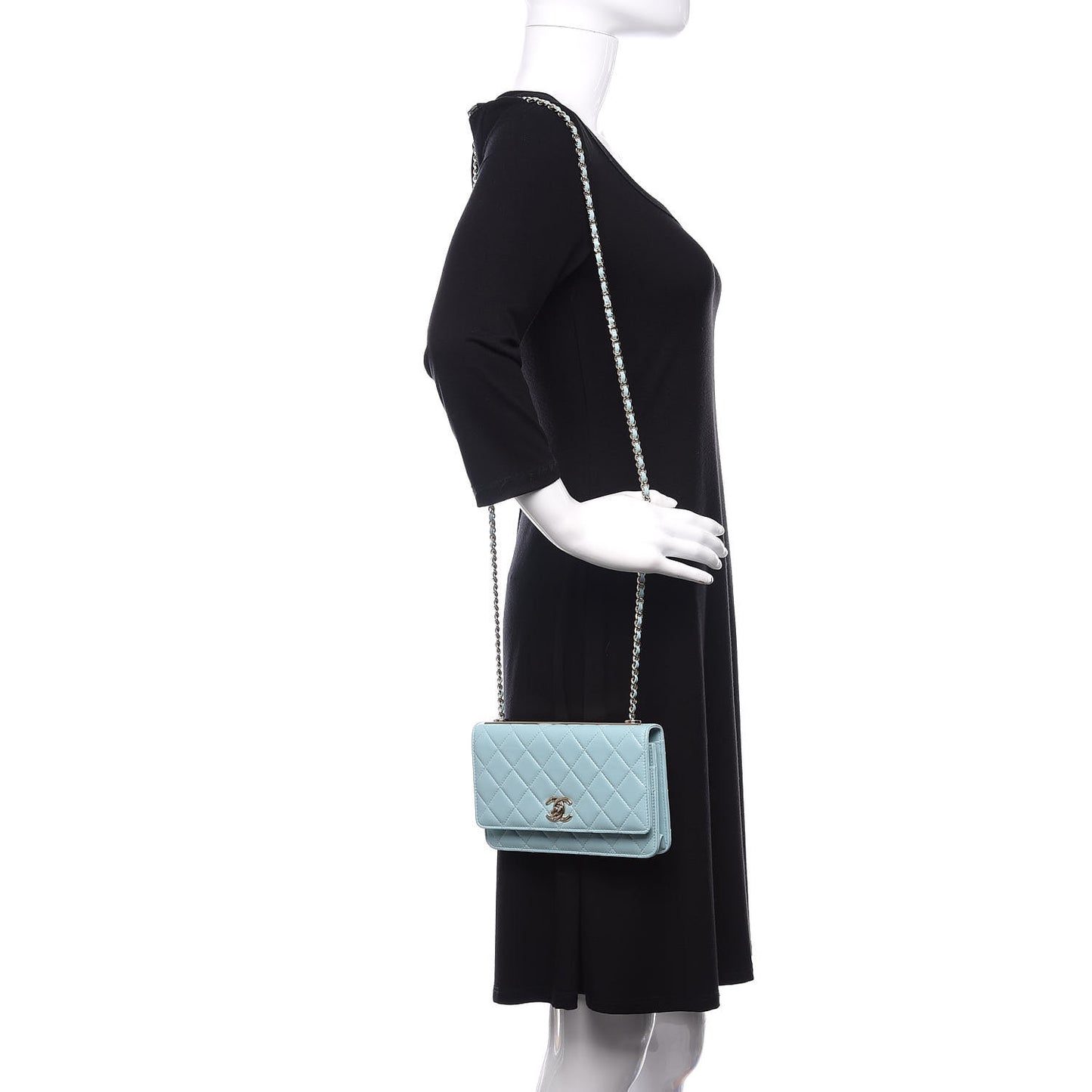 Lambskin Quilted Trendy CC Wallet On Chain WOC Light Blue
