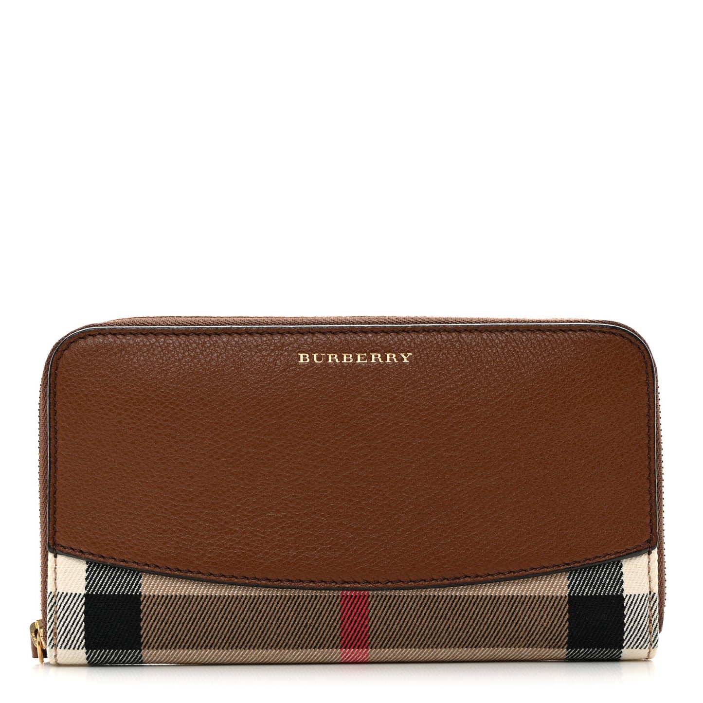 Calfskin House Check Elmore Zip Around Wallet Tan