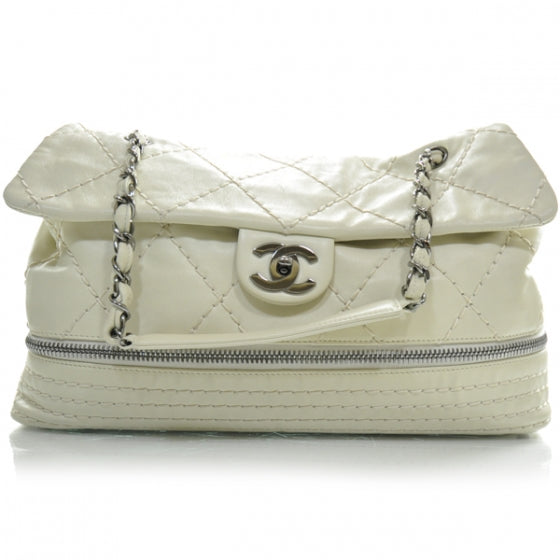 Calfskin Stitched Large Expandable Flap Bag White