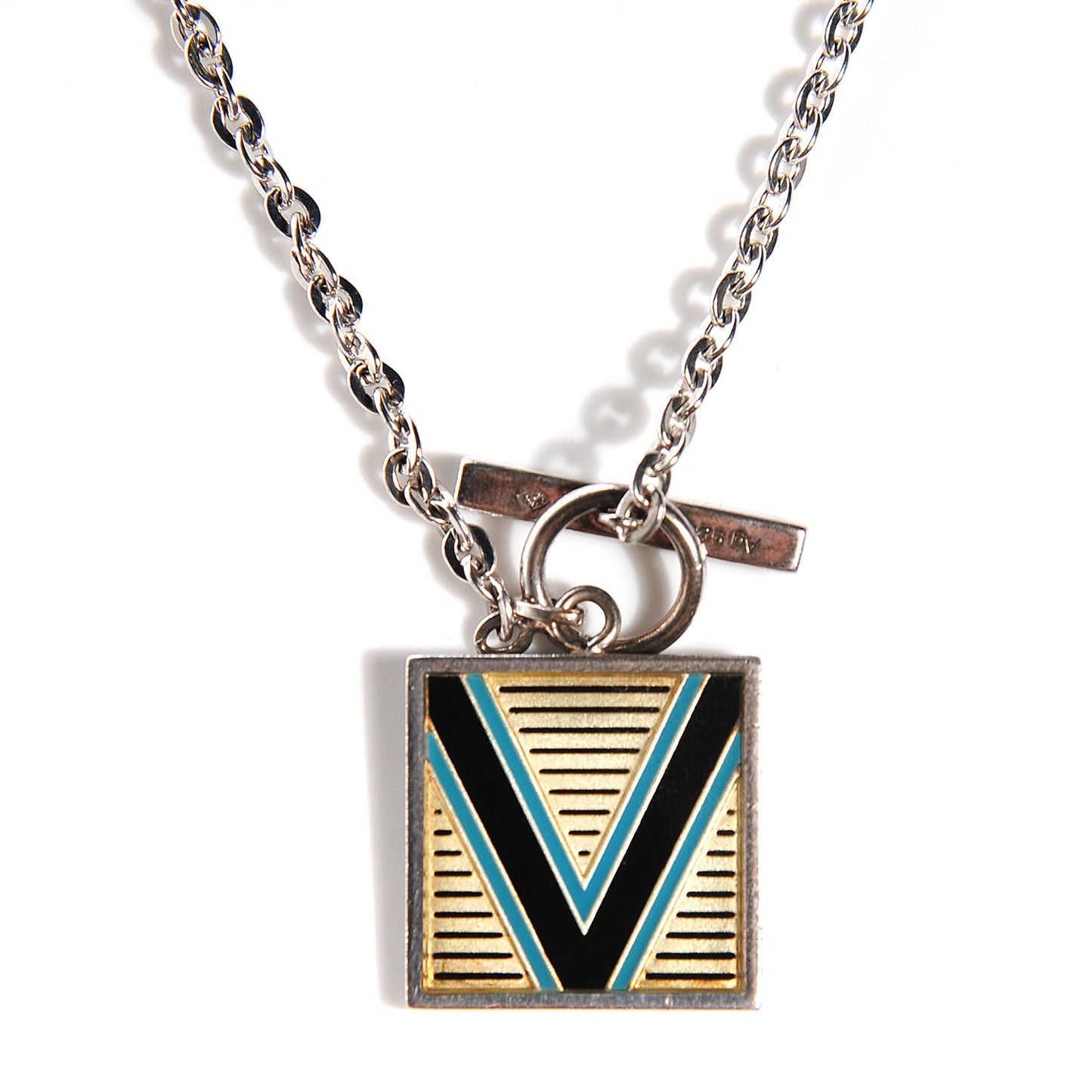 Mens Silver Geometrique V Toggle Necklace Turquoise