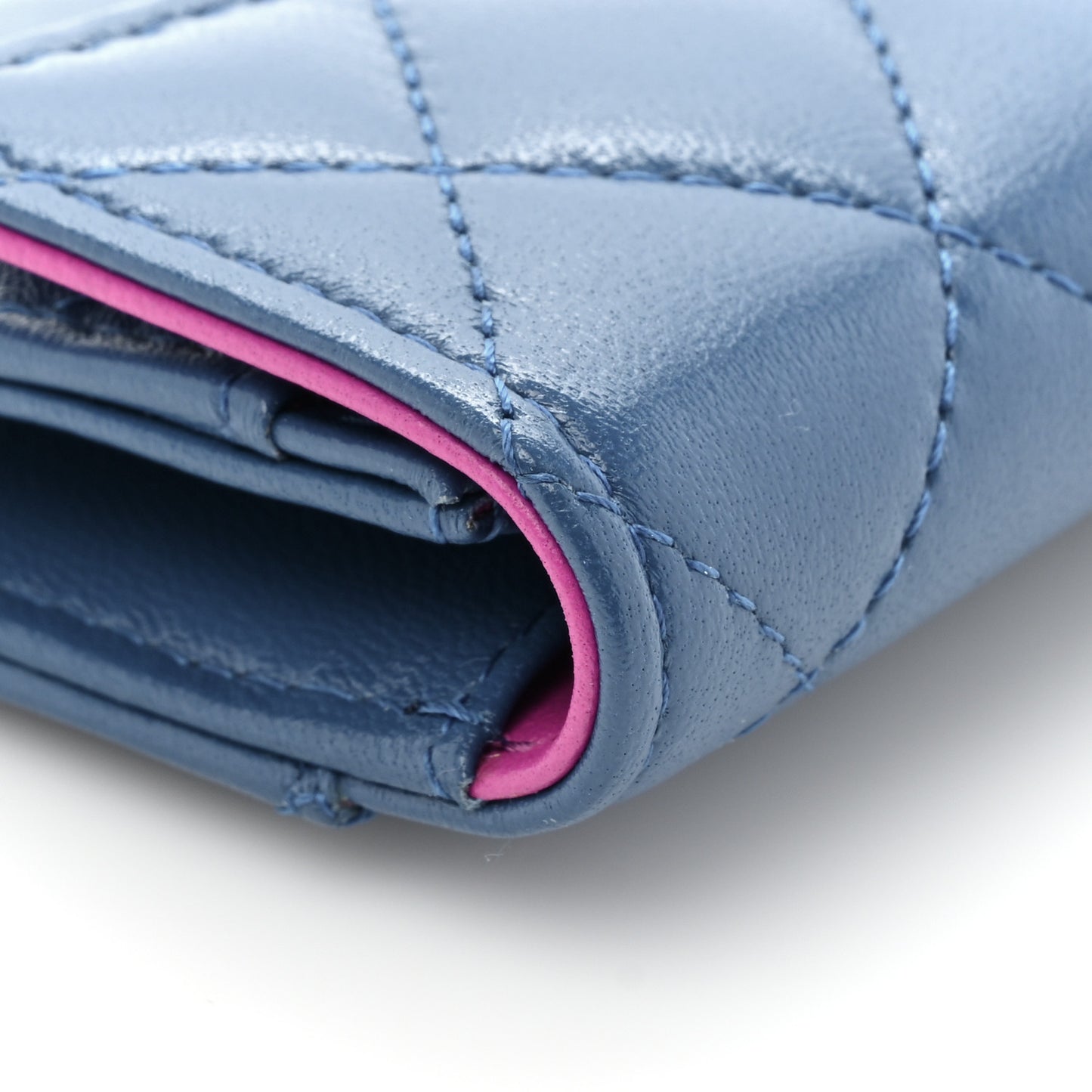 Lambskin Quilted Flap Card Holder Wallet Blue Pink