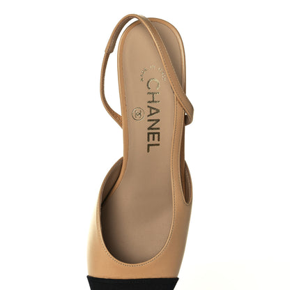 Chanel Goatskin Grosgrain Cap Toe CC Slingback Pumps 37 Beige Black 8 of 9