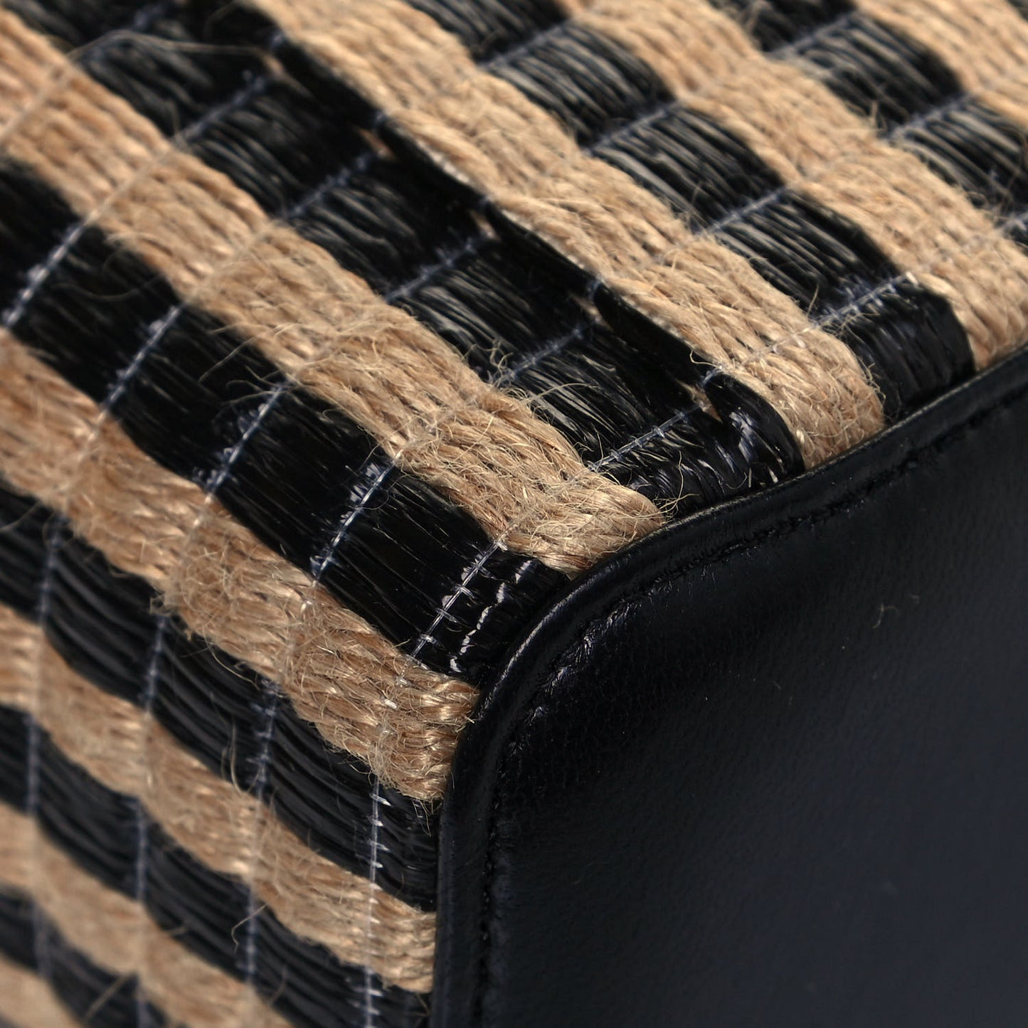 Raffia Jute Striped Small Vanity Case With Chain Black Beige