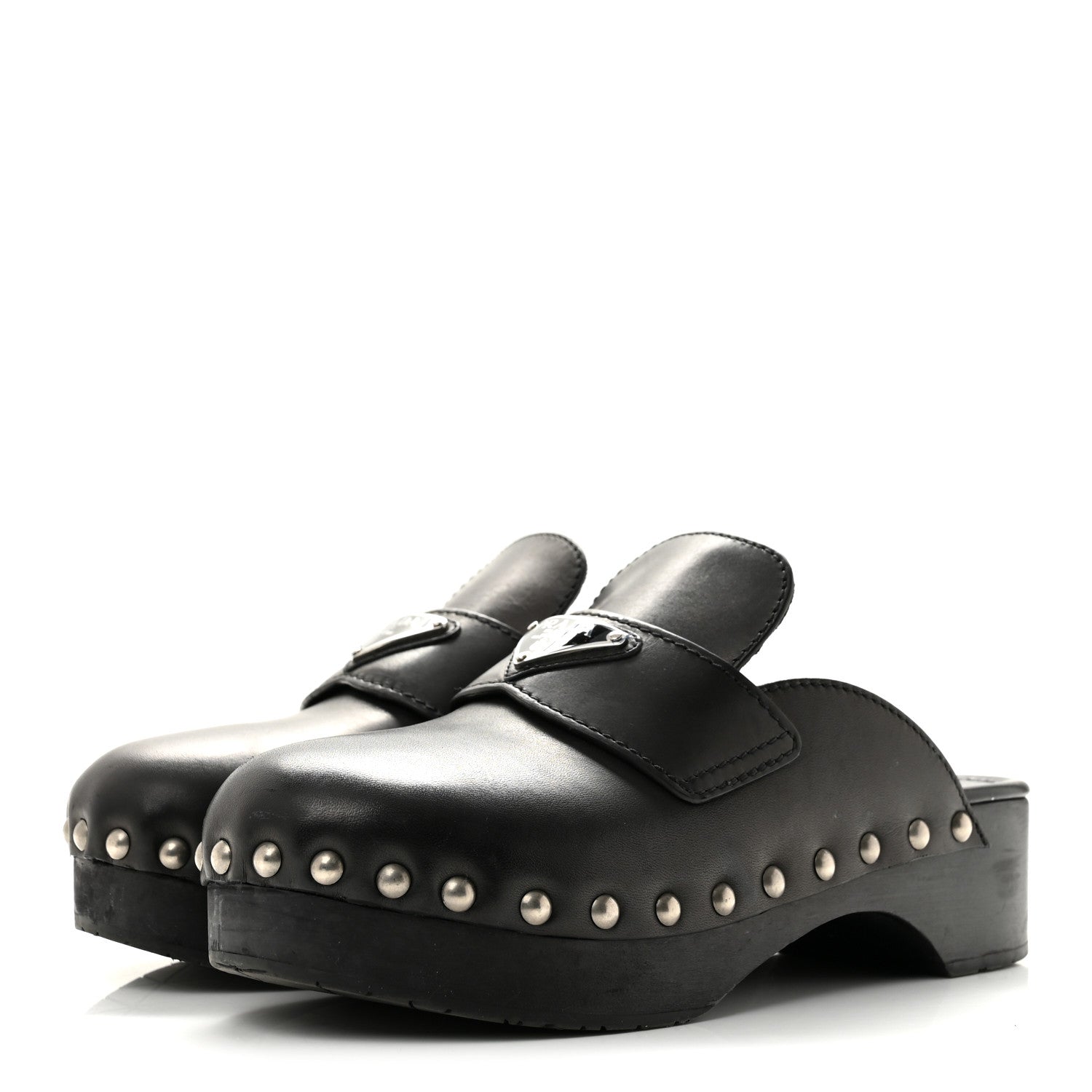 Prada Natural Calfskin Metal Triangle Logo 45mm Clogs 36 Black 4 of 9
