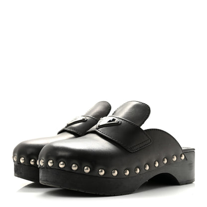 Prada Natural Calfskin Metal Triangle Logo 45mm Clogs 36 Black 4 of 9