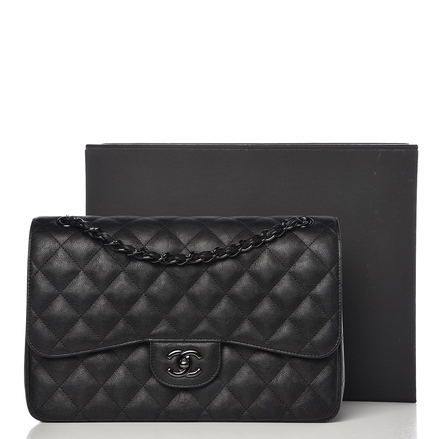 Crumpled Calfskin Quilted Jumbo Double Flap So Black