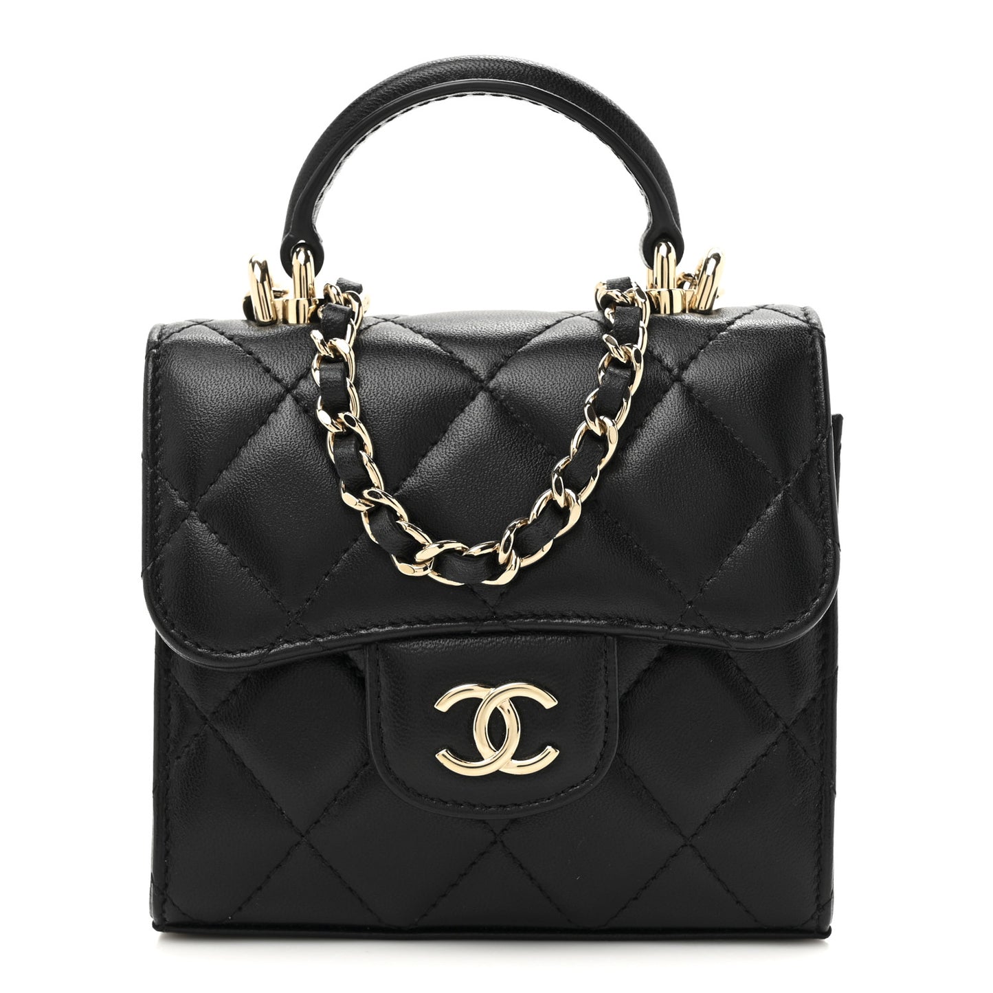 Lambskin Quilted Top Handle Flap Clutch With Chain Black