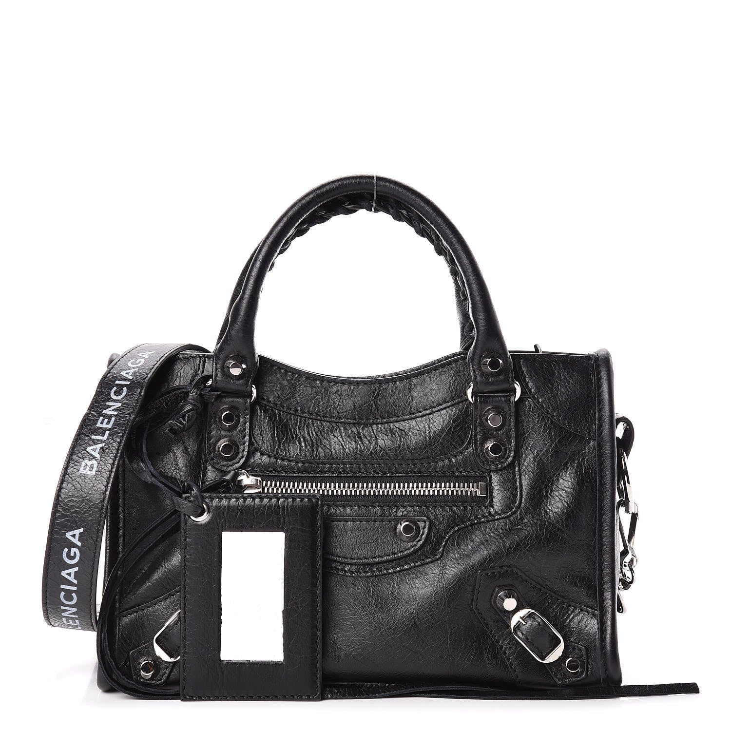 Balenciaga Agneau Classic Silver Hardware Mini City Logo Strap Black White 1 of 11