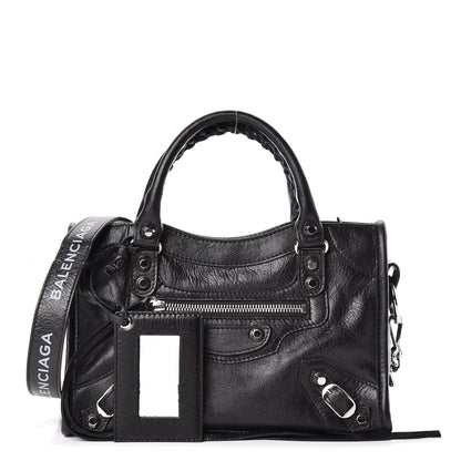Balenciaga Agneau Classic Silver Hardware Mini City Logo Strap Black White 1 of 11
