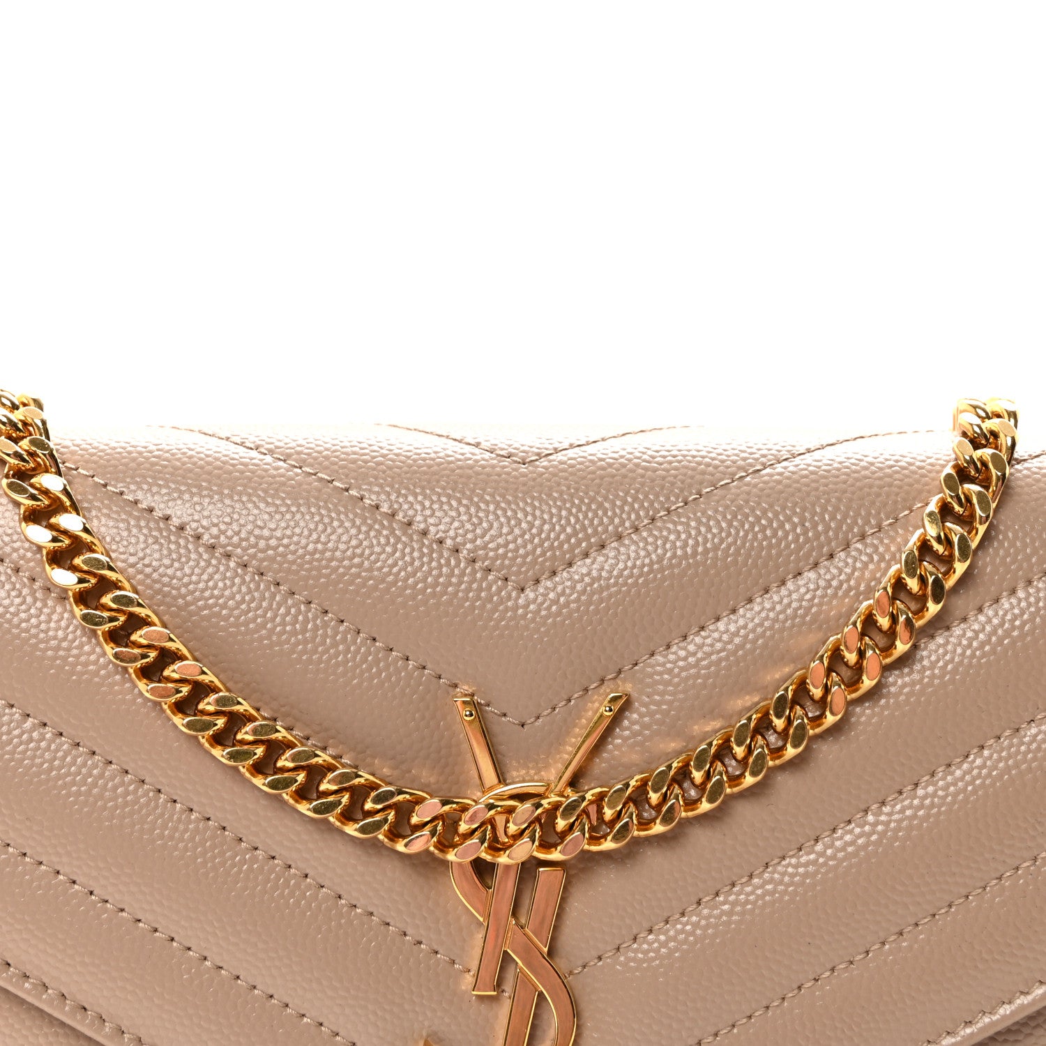 Saint Laurent Grain De Poudre Matelasse Chevron Monogram Chain Wallet Dark Beige 7 of 10