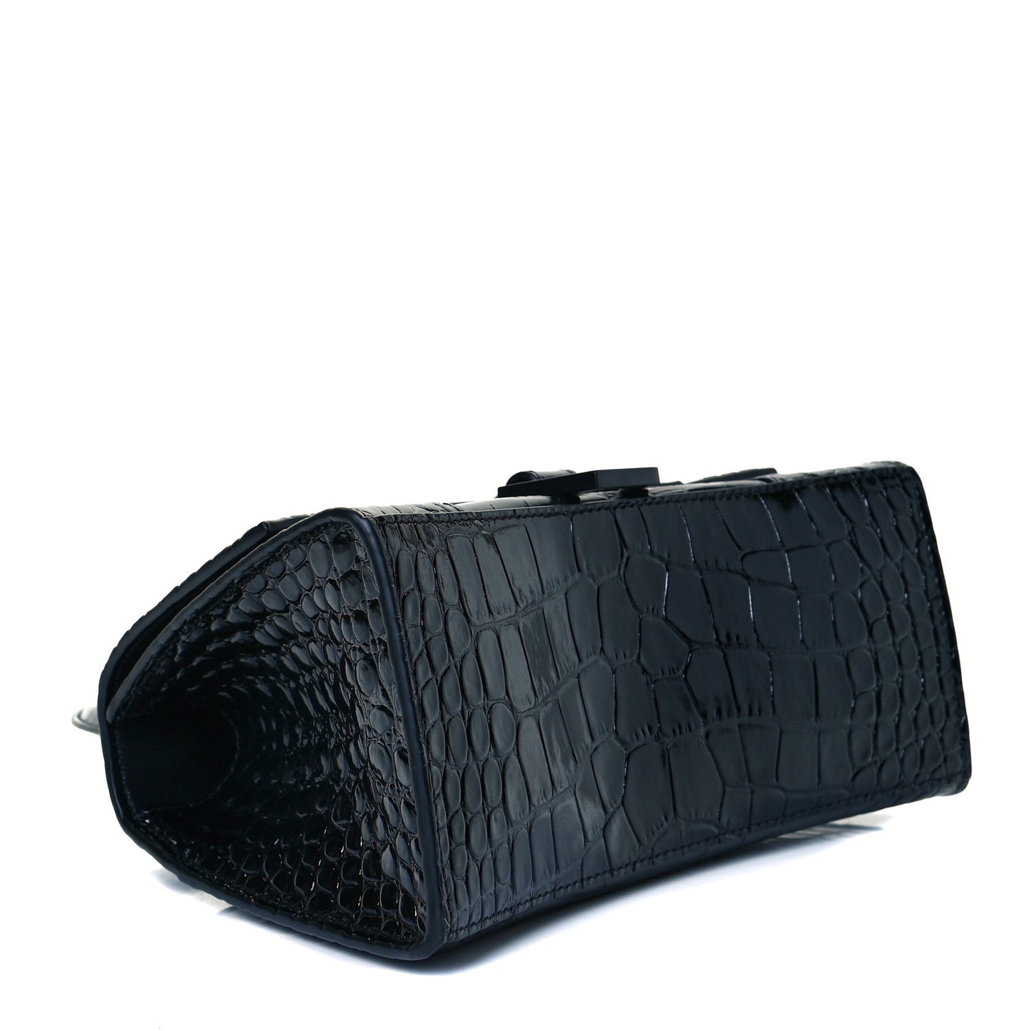 Shiny Calfskin Monochrome Crocodile Embossed Small Hourglass Top Handle Bag Black