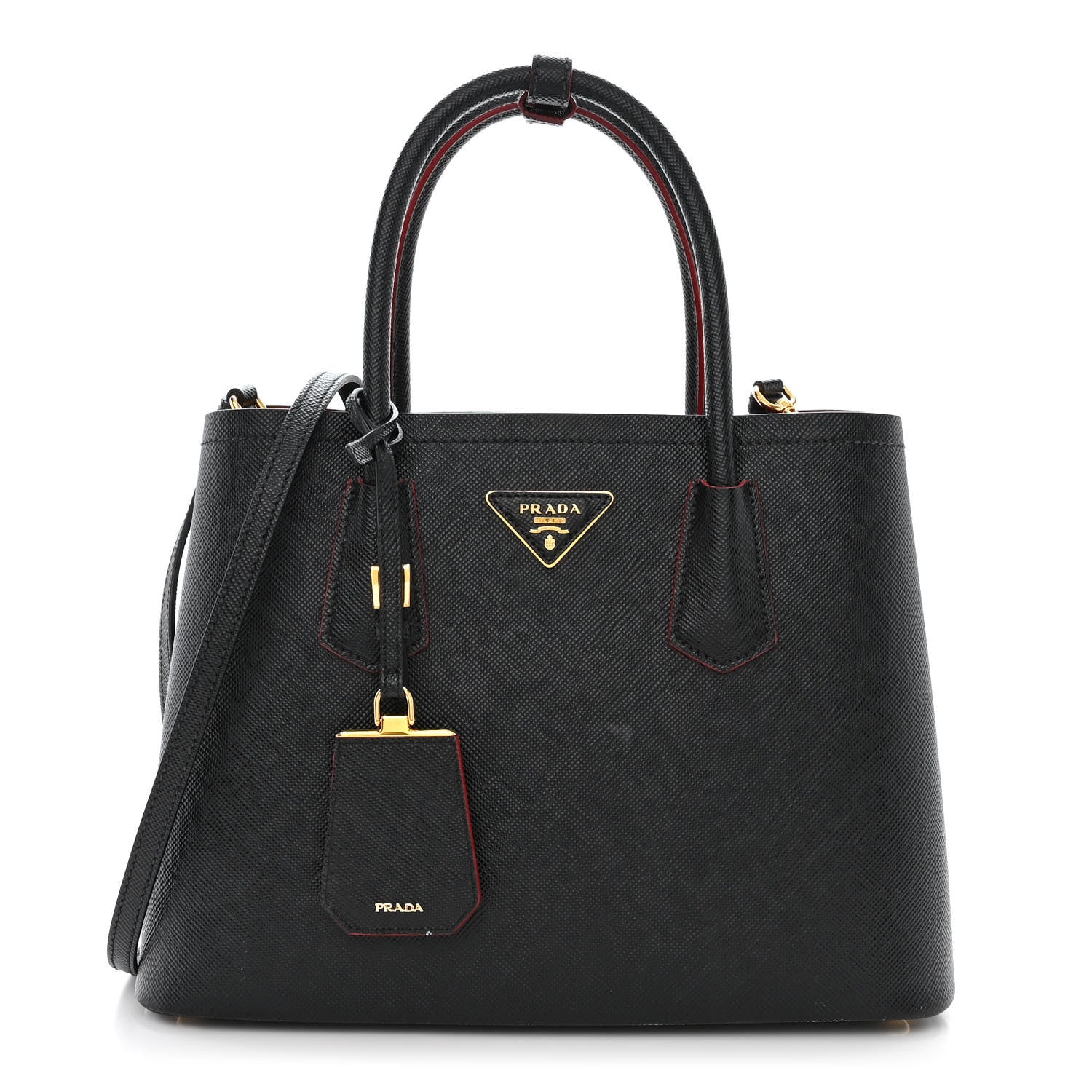 Prada Saffiano Cuir Small Double Bag Black Fuoco 1 of 14