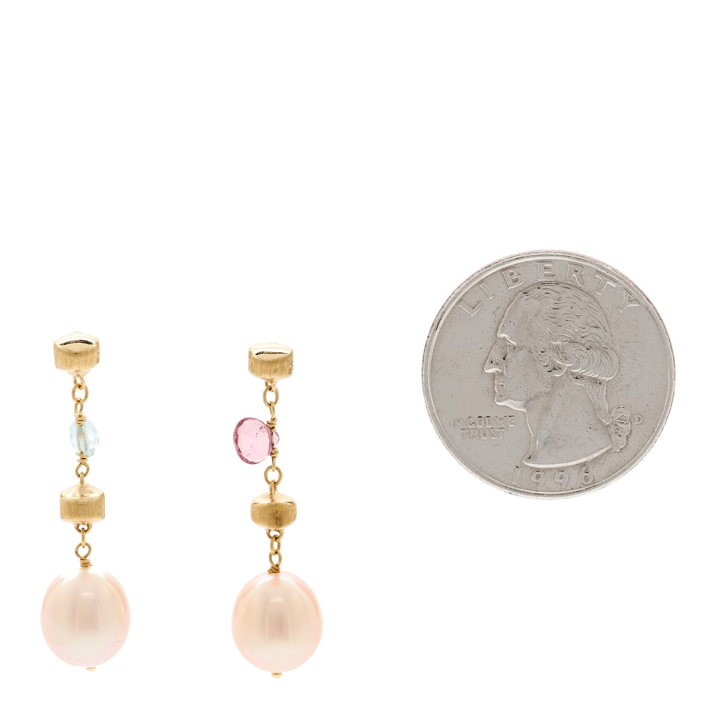 18K Yellow Gold Pink Cultured Pearl Blue Topaz Pink Tourmaline Paradise Drop Earrings
