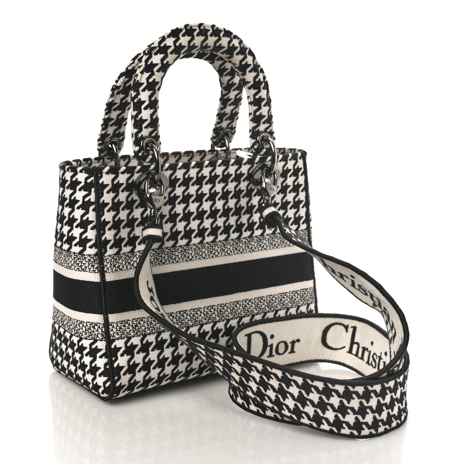 Christian Dior Canvas Houndstooth Embroidered Medium Lady D-Lite Black White 2 of 8
