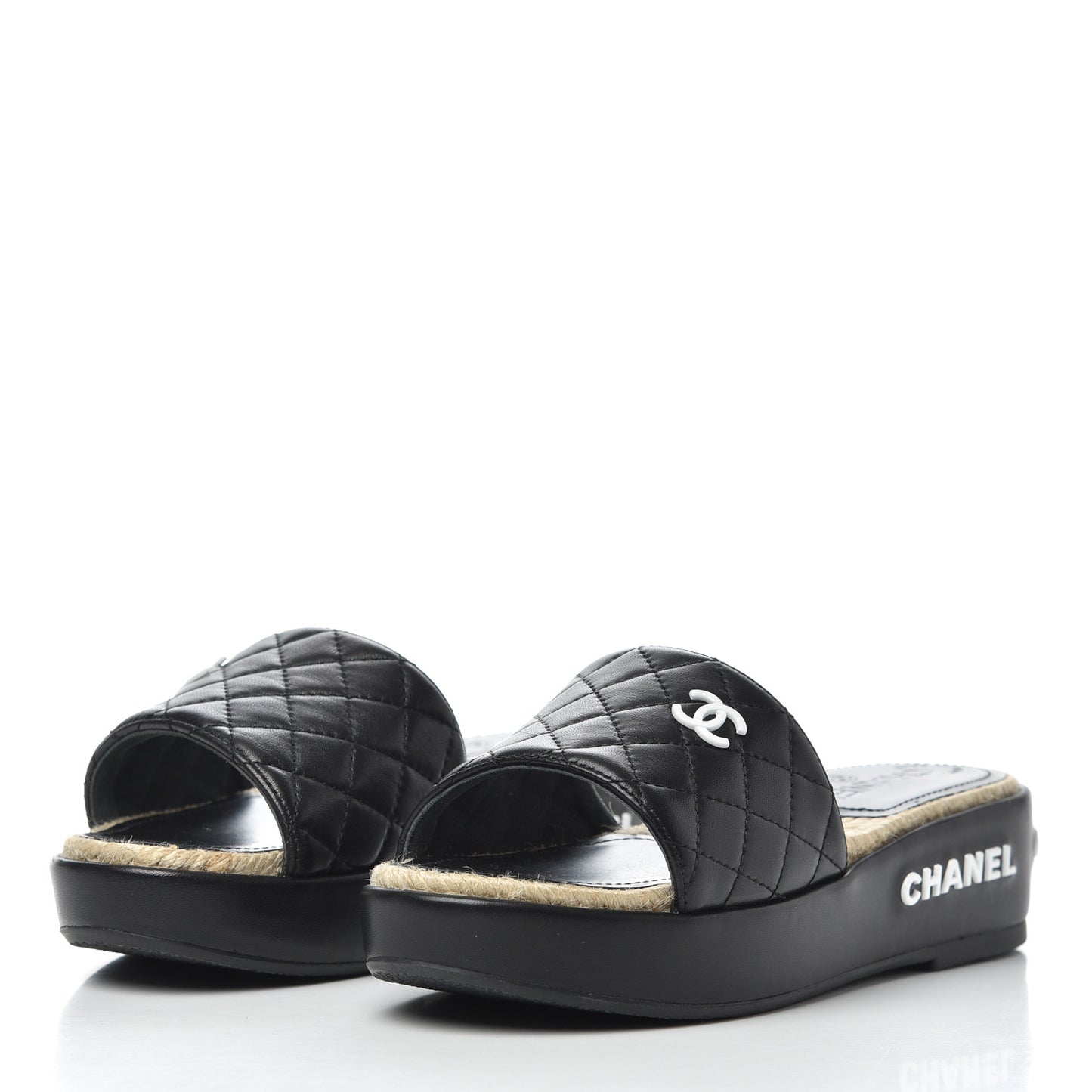 Lambskin Quilted CC Espadrille Slip On Sandals 35 Black