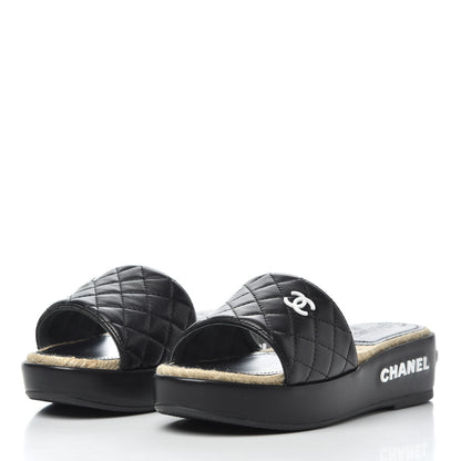 Chanel Lambskin Quilted CC Espadrille Slip On Sandals 35 Black 3 of 14