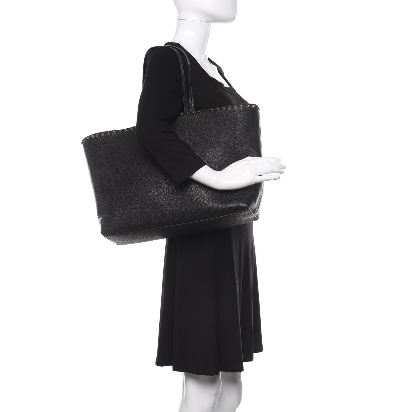 Grained Calfskin Rockstud Shoulder Tote Black