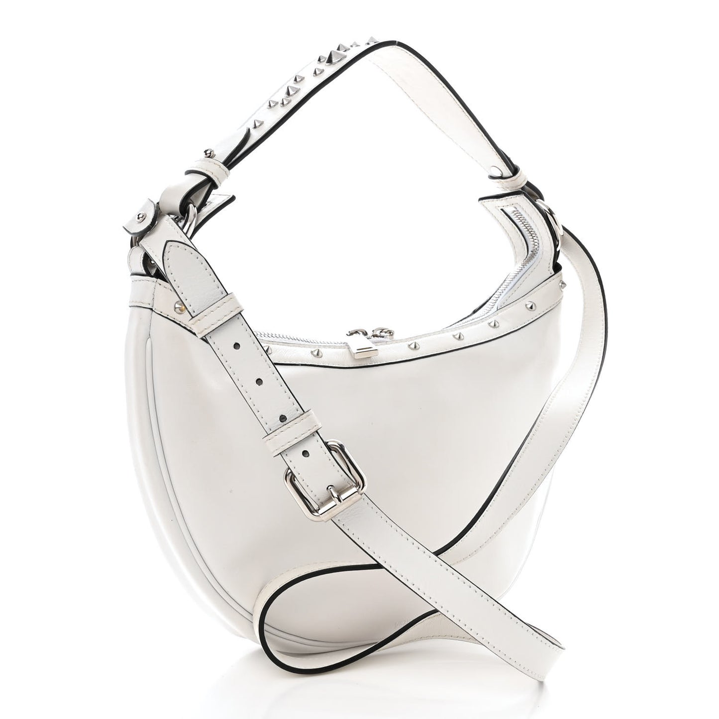 Calfskin Studded Small Repeat Zip Hobo White