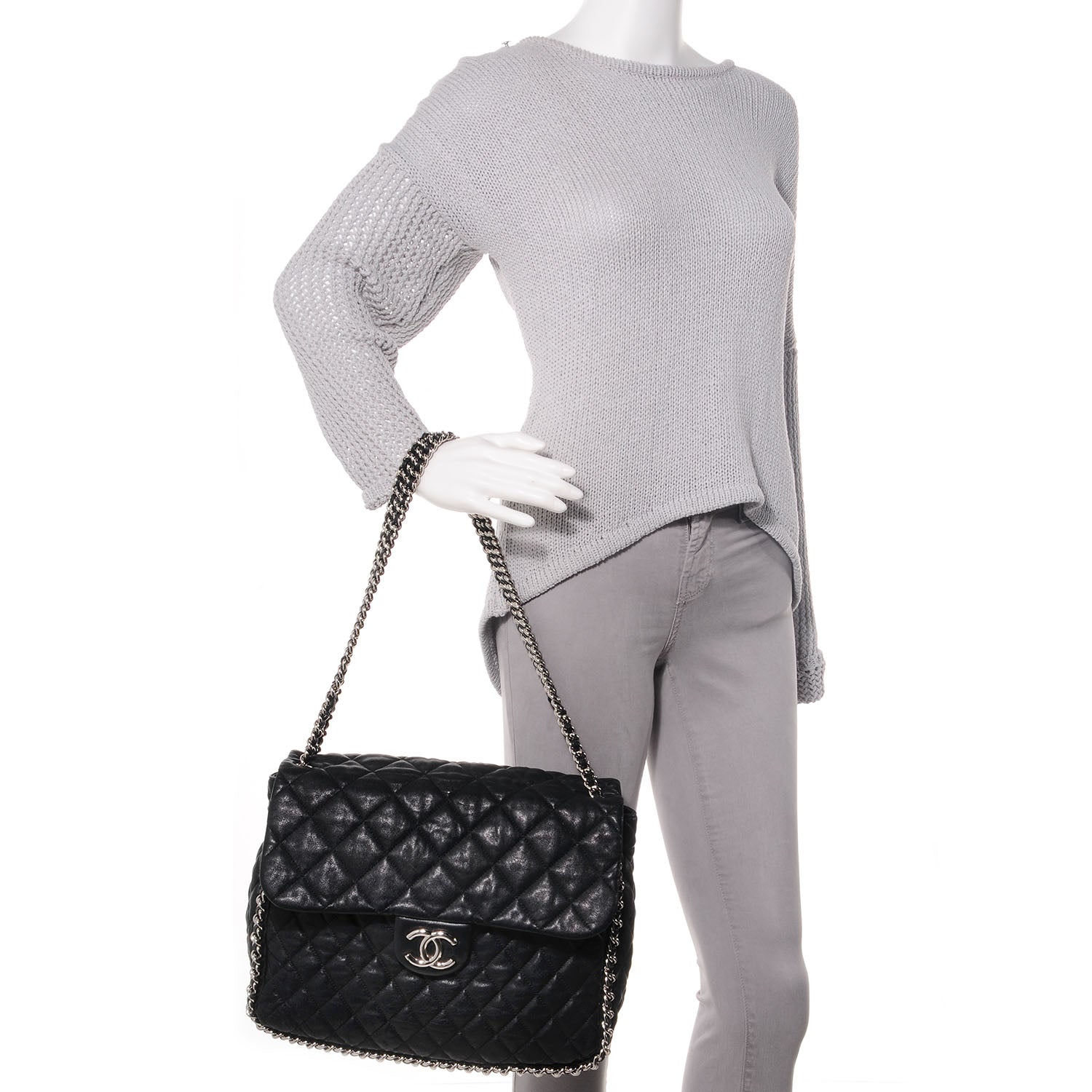 Chanel Washed Lambskin Chain Around Maxi Flap Bag Black 2 of 7