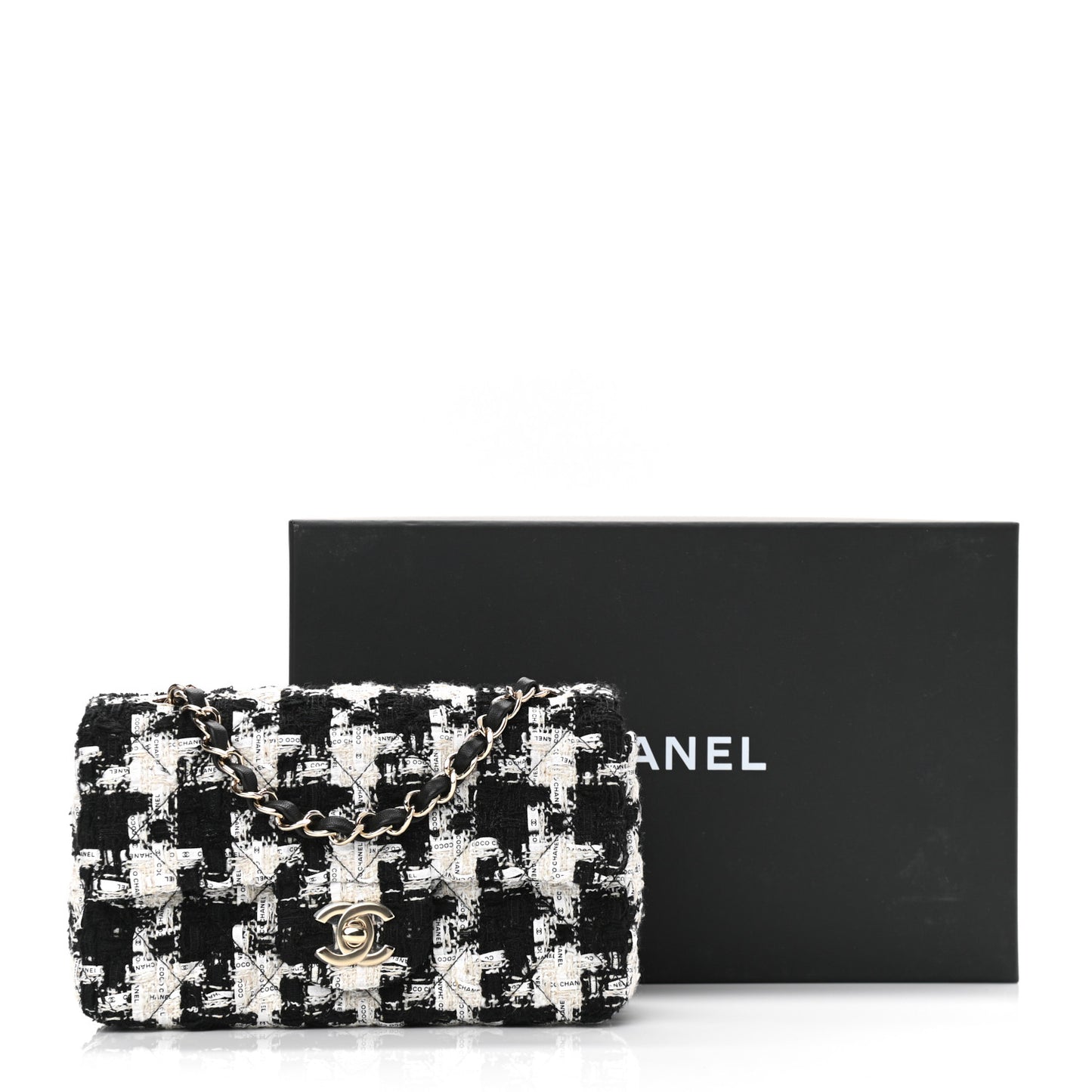 Tweed Quilted Mini Rectangular Flap Black Ecru White