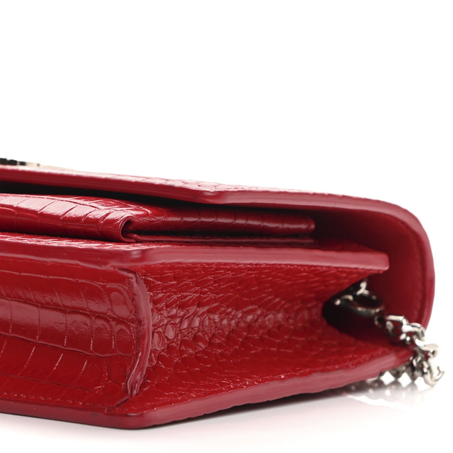 Calfskin Crocodile Embossed Monogram Sunset Chain Wallet New Lipstick Red