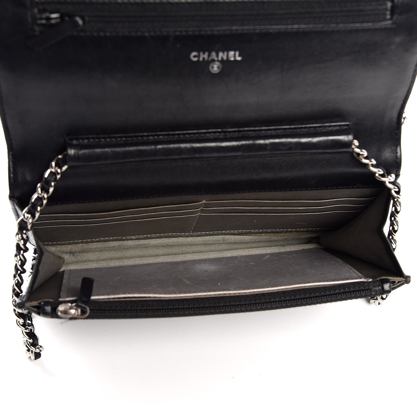 Lambskin Camellia Embossed Wallet On Chain WOC Black