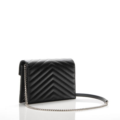 Saint Laurent Grain De Poudre Matelasse Chevron Monogram Envelope Chain Wallet Black 3 of 7