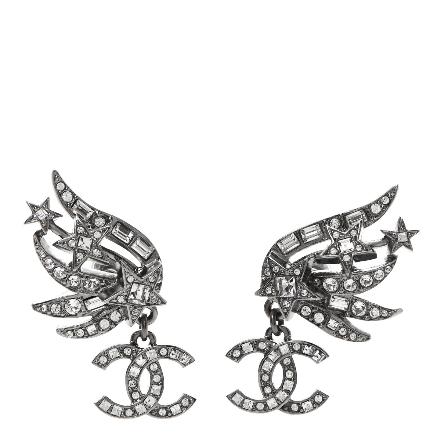 Crystal Baguette CC Wing Star Earrings Silver
