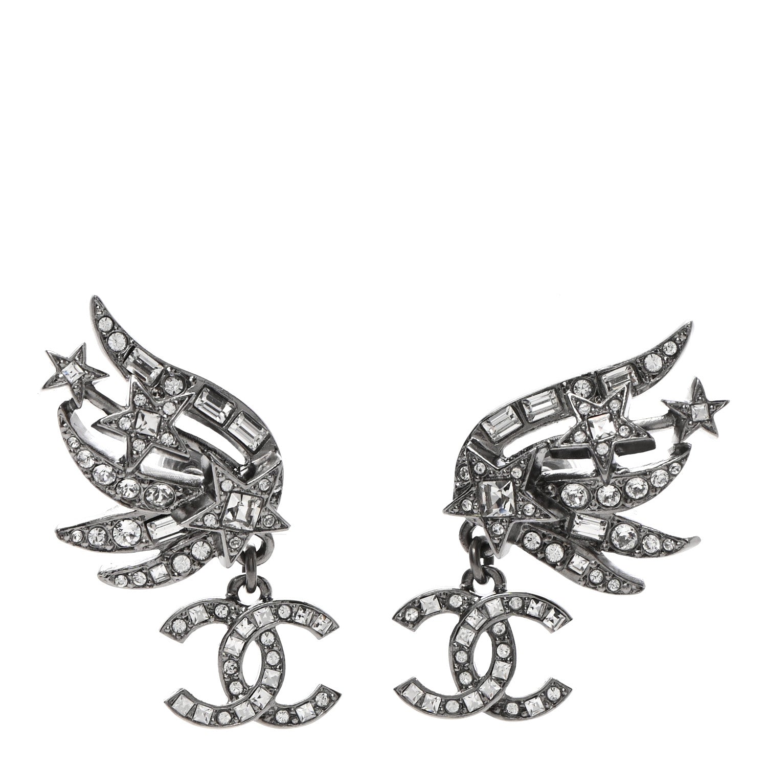Chanel Crystal Baguette CC Wing Star Earrings Silver 1 of 4