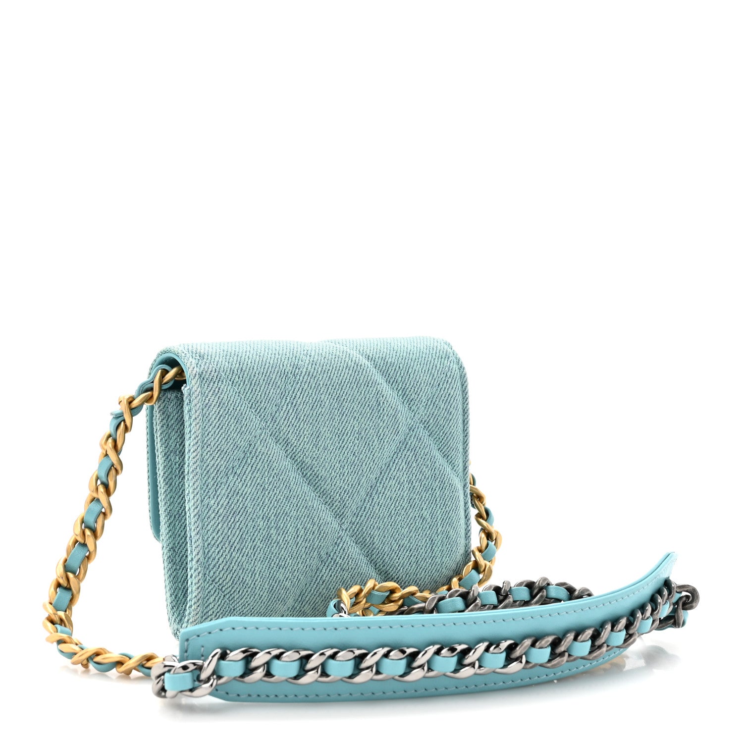 Chanel Denim Quilted Chanel 19 Flap Card Holder With Chain Light Blue 3 of 12