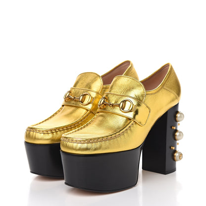 Gucci Malaga Kid Pearl Studded Vegas Platform Loafers 40 Gold 3 of 10