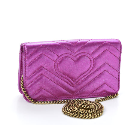Gucci Metallic Calfskin Matelasse Crystal GG Marmont Mini Bag Fuchsia 2 of 8