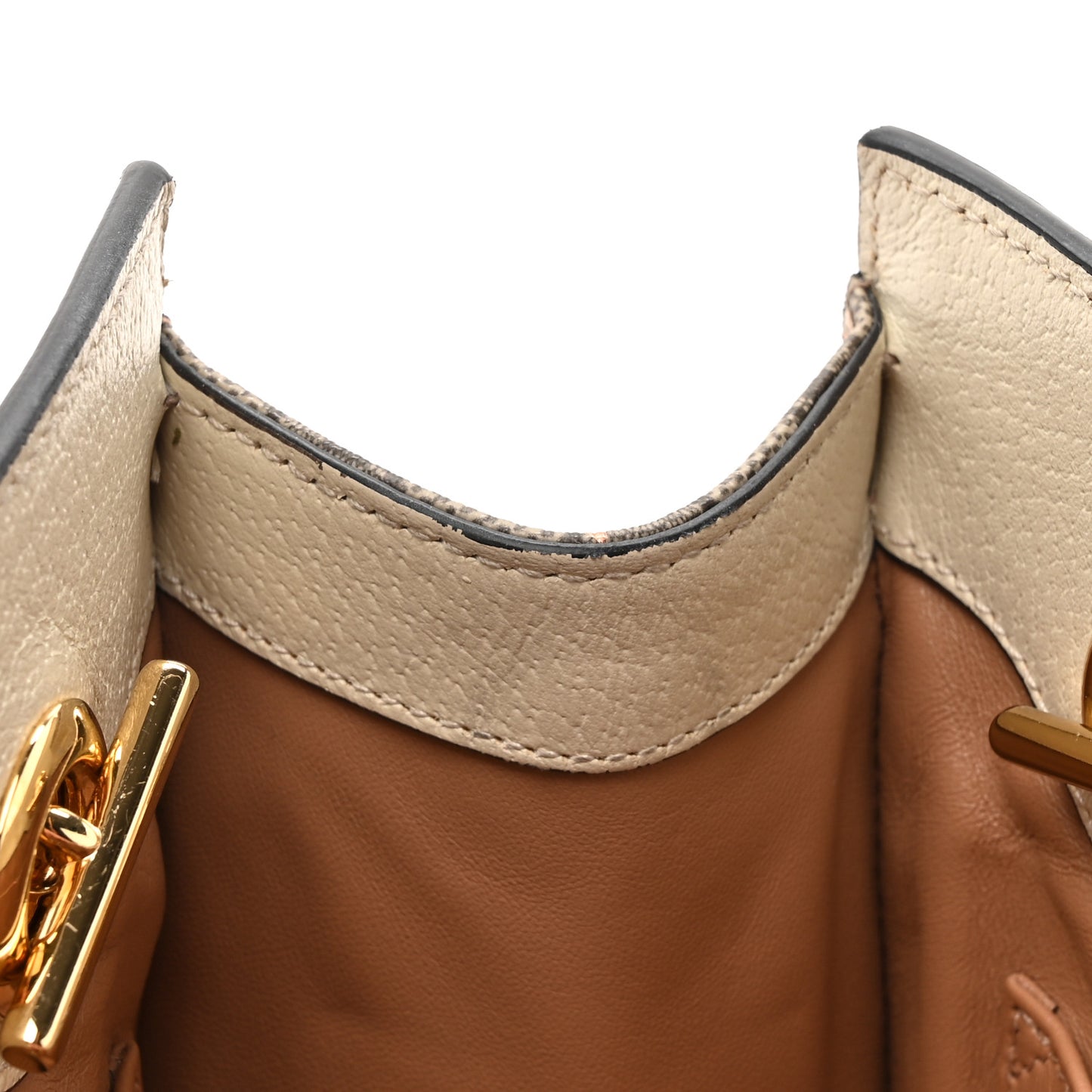 GG Supreme Monogram Berry Textured Dollar Calfskin Small Padlock Tote Beige Ebony Light Copper Mystic White