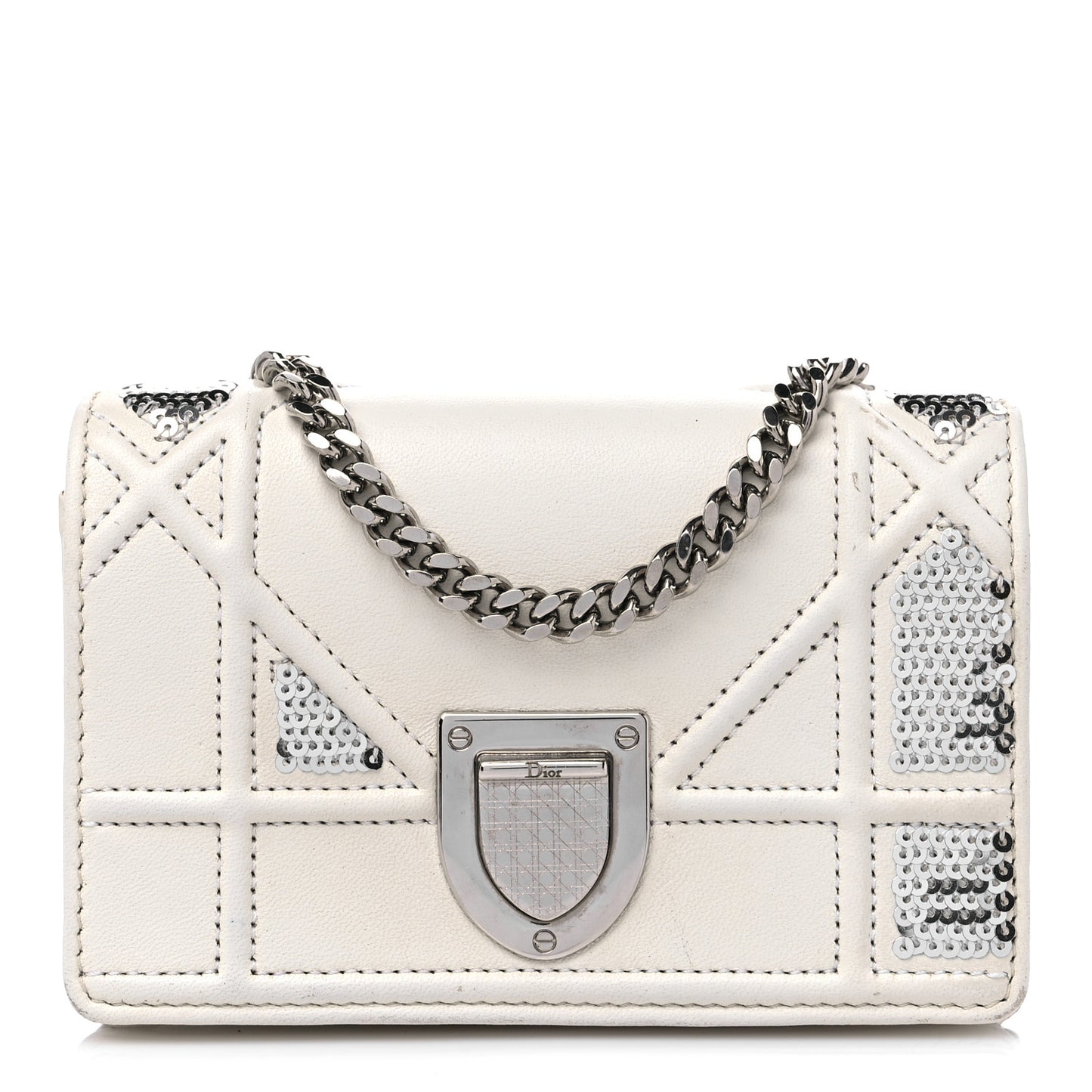 Lambskin Sequin Baby Diorama Flap Bag White