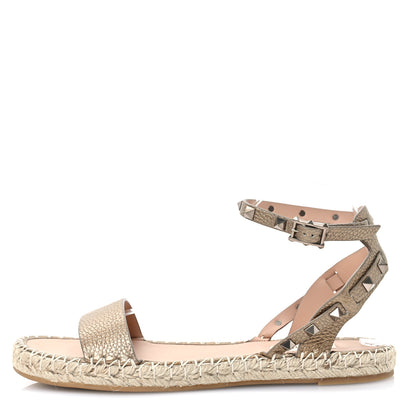 Valentino Garavani Metallic Grained Calfskin Rockstud Ankle Strap Espadrille Flat Sandals 40 Skin Natural 1 of 8