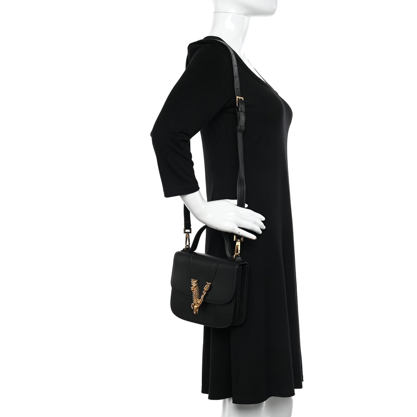 Vitello Barocco Virtus Small Top Handle Shoulder Bag Black