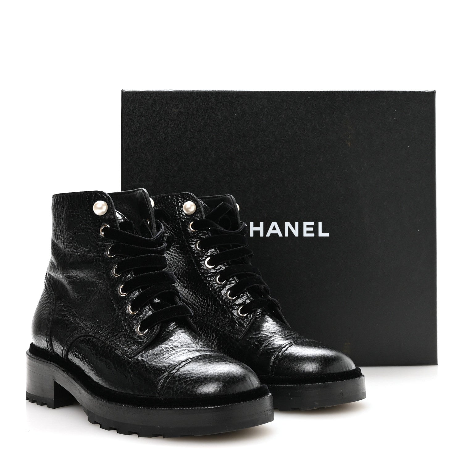 Chanel Shiny Calfskin Velvet Pearl Combat Short Boots 37.5 Black 9 of 9