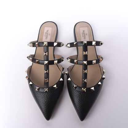 Valentino Garavani Pebbled Calfskin Rockstud Flat Cage Mules 36 Black 5 of 9