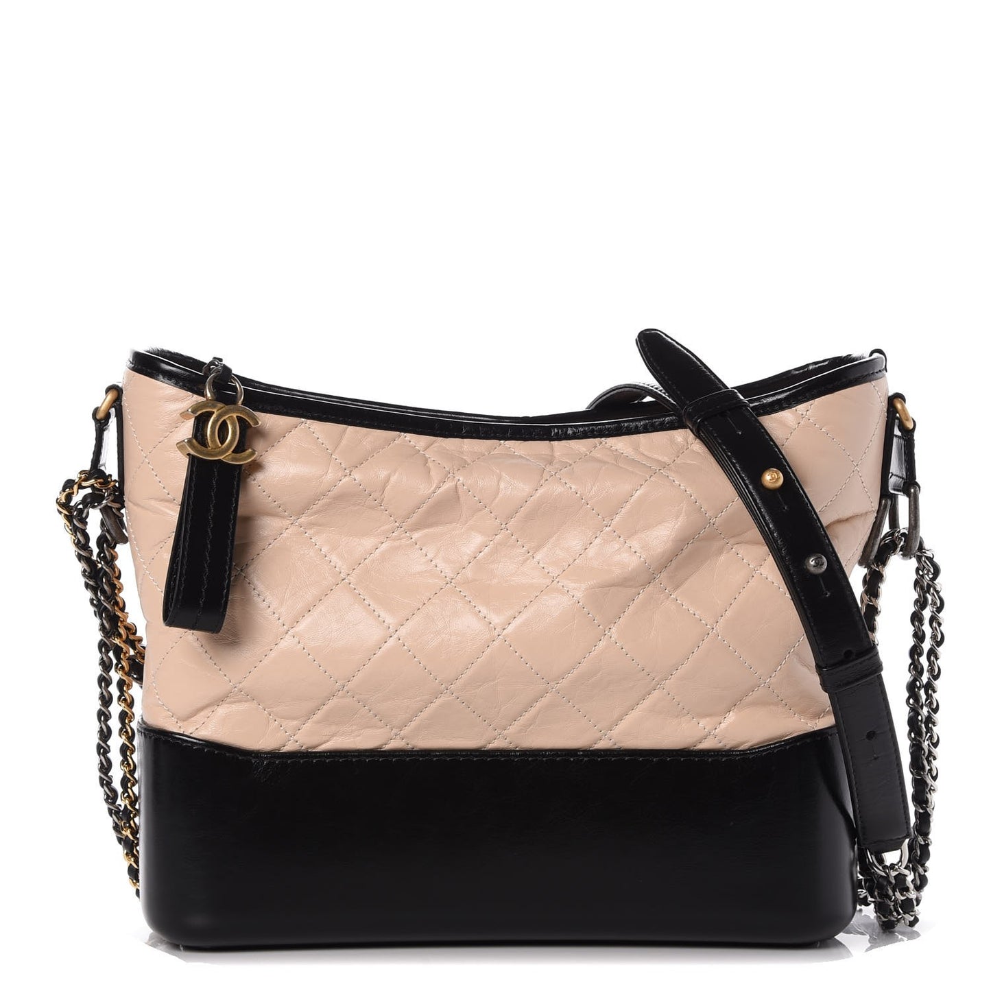 Aged Calfskin Quilted Medium Gabrielle Hobo Beige Black