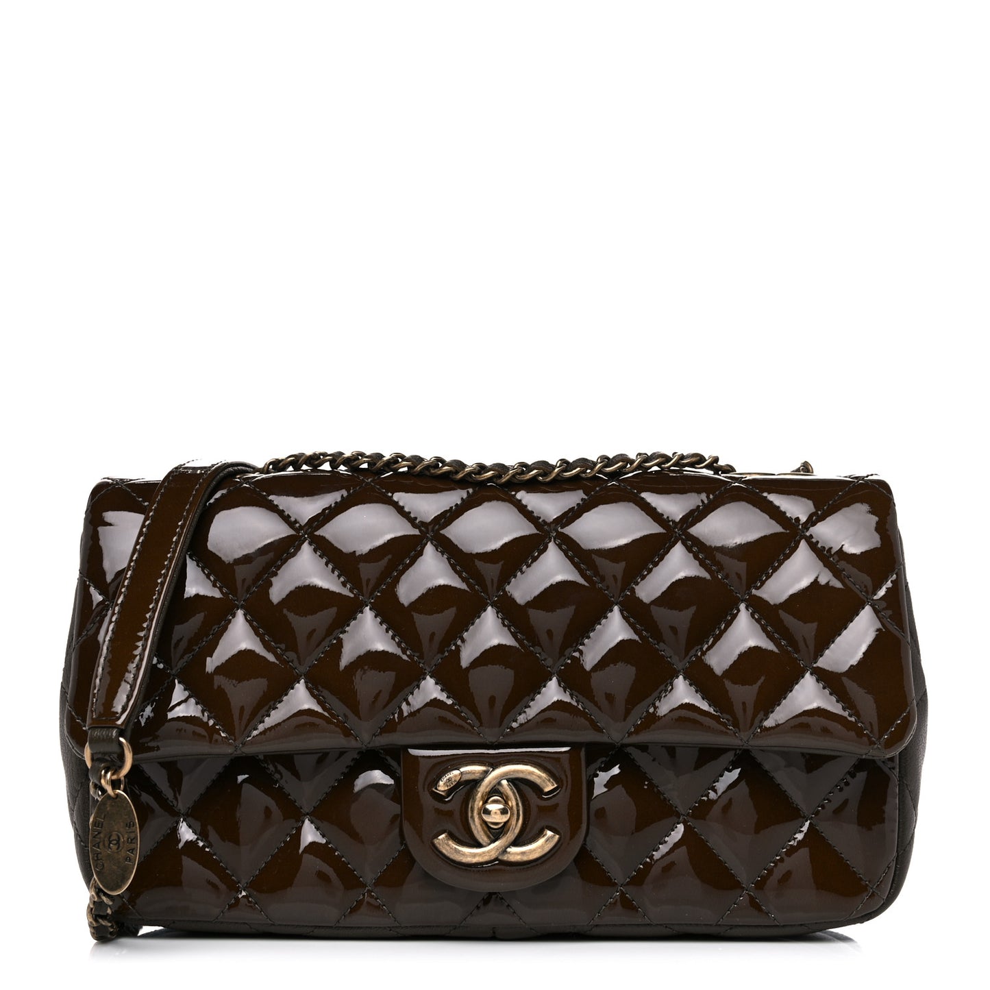 Patent Goatskin Quilted Medium CC Eyelet Flap Khaki