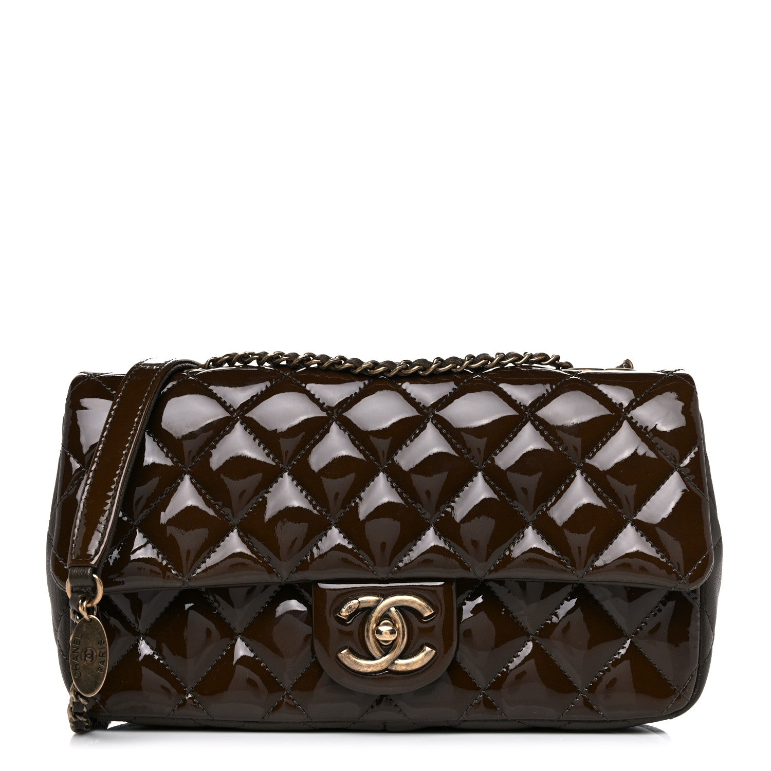 Chanel Patent Goatskin Quilted Medium CC Eyelet Flap Khaki 1 of 10