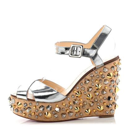 Christian Louboutin Calfskin Lame Cork Almericca 120 Studded Wedge Sandals 41 Silver 1 of 14